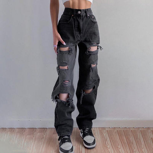 Hip Hop High Waist Straight Jeans With Rough Edges And Holes